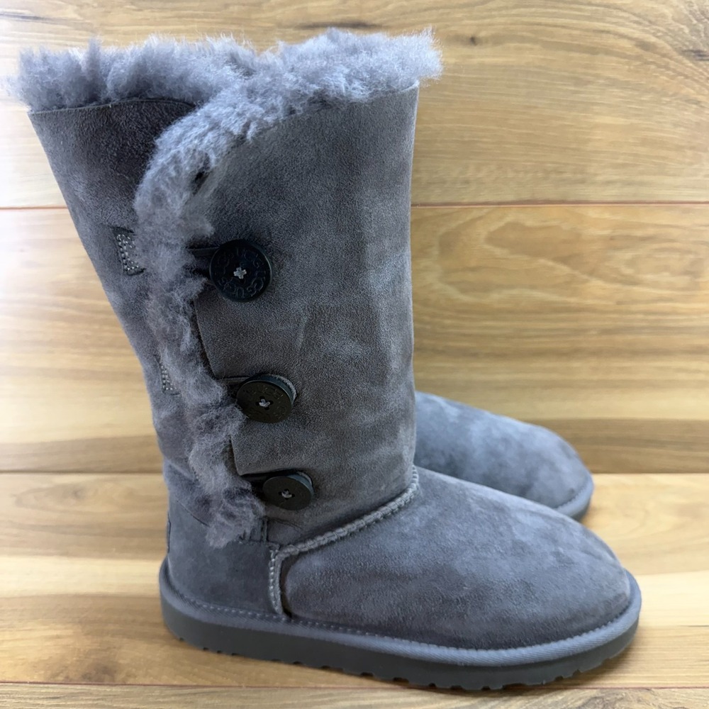 UGG Bailey Button Tall Boots Youth Girls 4 Gray Suede Shearling Lined Fur Sherpa